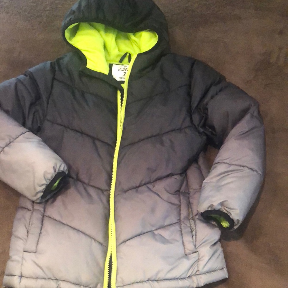 Gray and Green Chevron Puffer Jacket with Neon Accents